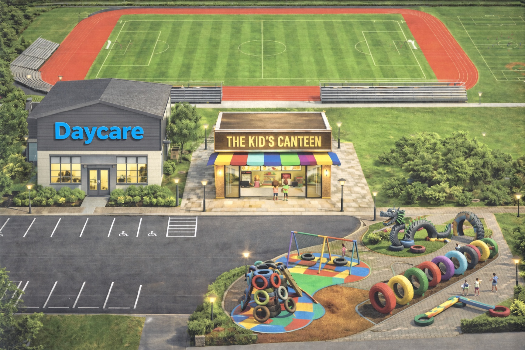 Visualization of the proposed North Fort Myers athletic track, daycare, kid's canteen, and playground